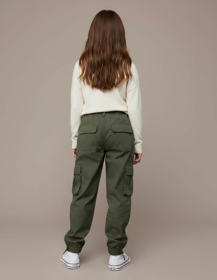 Pantalon Parachute Kaki Cargo Ample Multipoches Enfant - Toile - vue 2