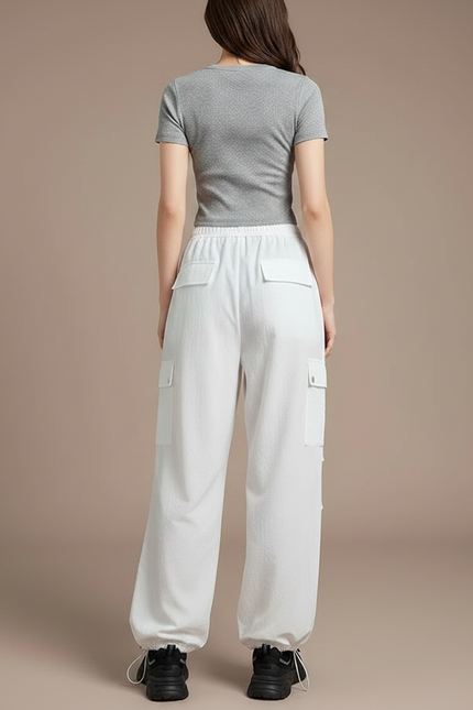 Pantalon Parachute Blanc Ample Cargo Cordon Décontracté - Polyester - vue 2