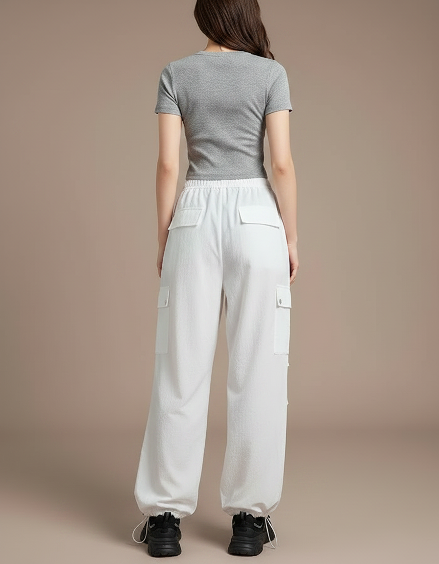 Pantalon Parachute Blanc Ample Cargo Cordon Décontracté - Polyester - vue 2