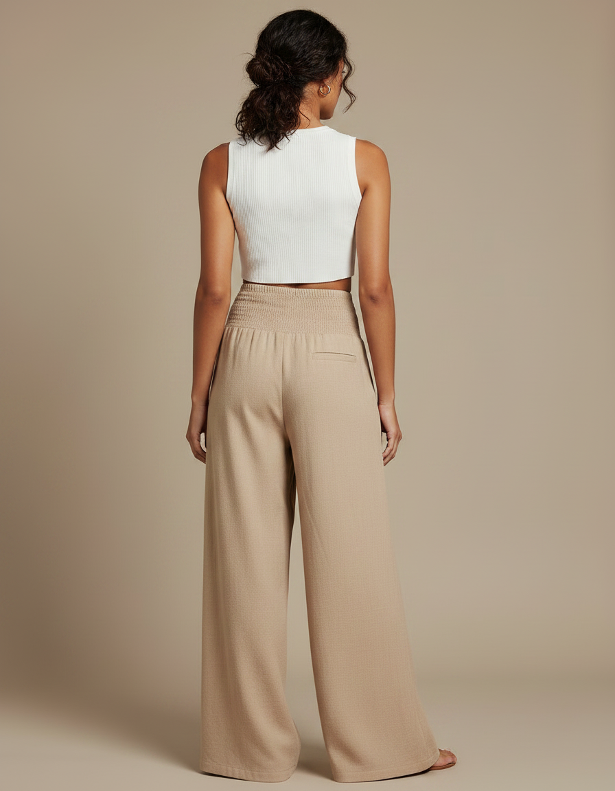 Pantalon Parachute Beige Ample Plissé Smocké Femme - Viscose - vue 2