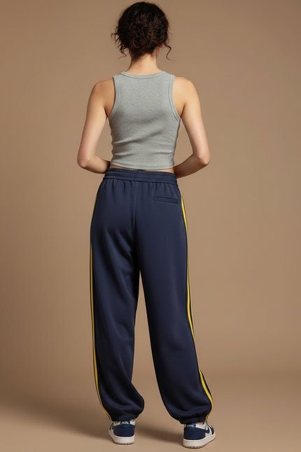 Pantalon Parachute Bleu Marine Rayures Jaunes Ample Sportif - Molleton - vue 2