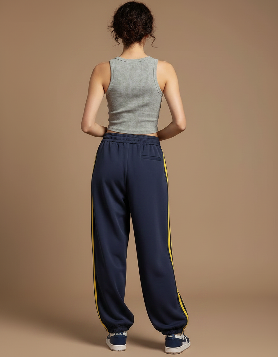 Pantalon Parachute Bleu Marine Rayures Jaunes Ample Sportif - Molleton - vue 2