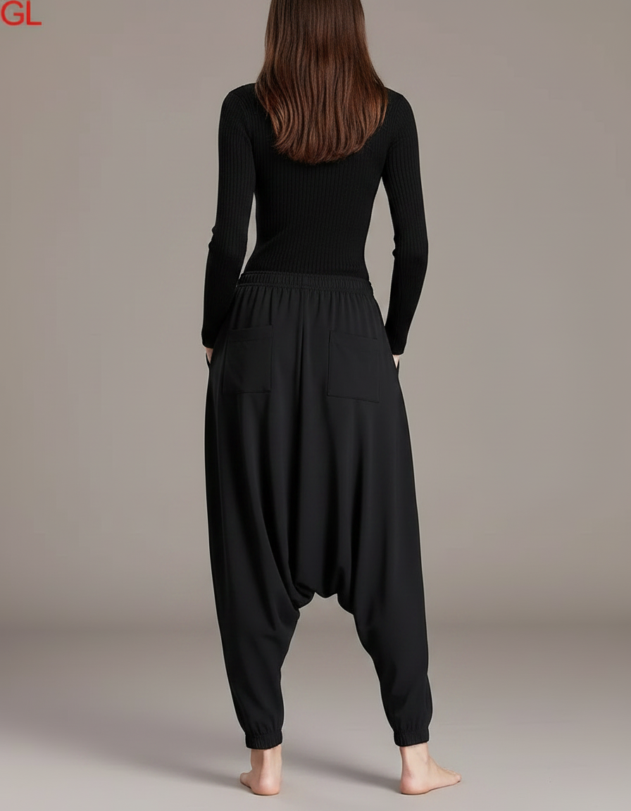 Pantalon Parachute Noir Ample Harem Fluide Confortable - Polyester - vue 2