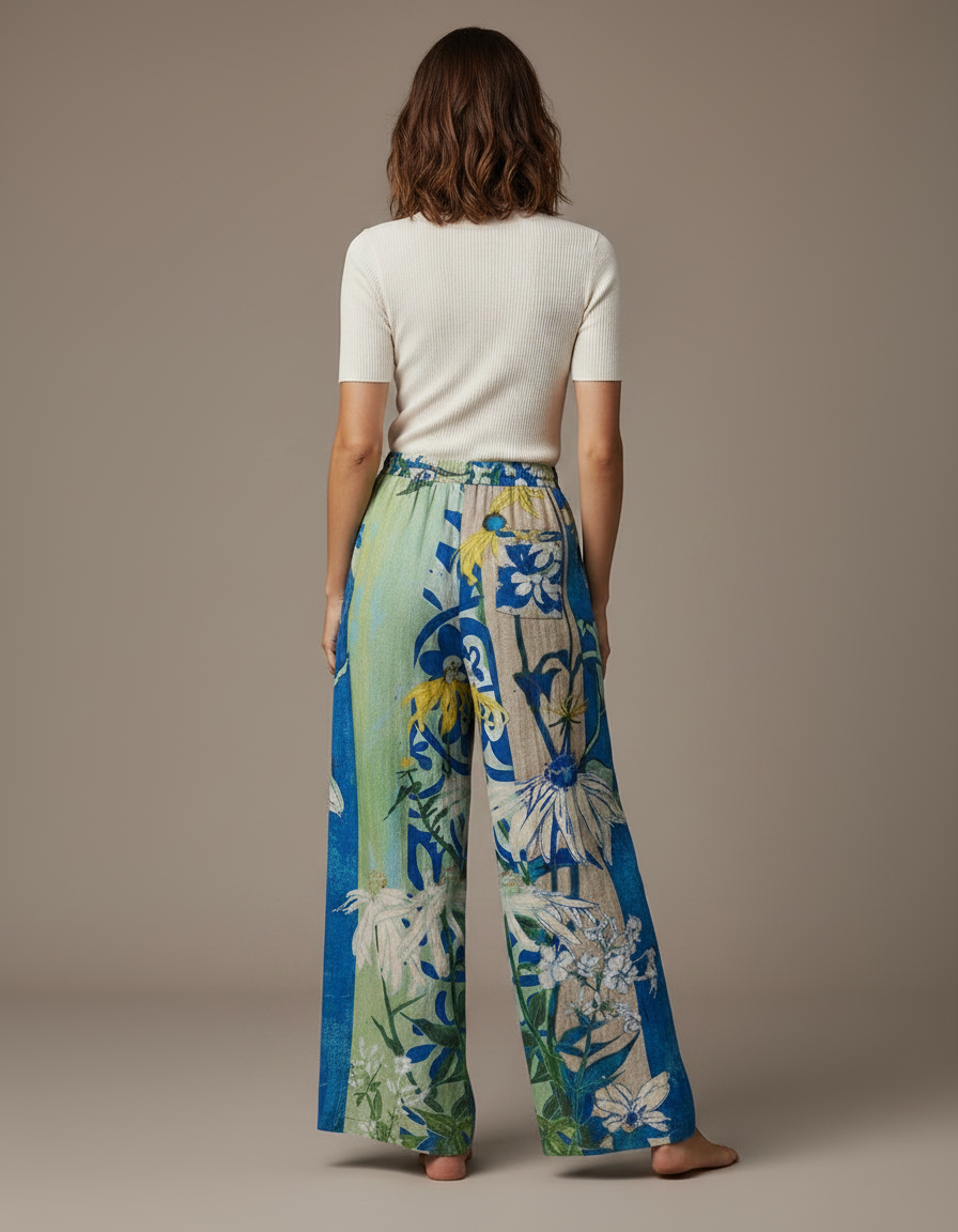 Pantalon Parachute Fluide Imprimé Floral Ample Décontracté - Multicolore Lin - vue 2