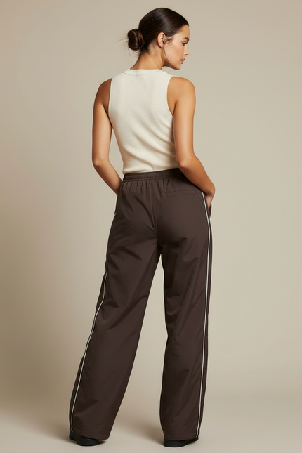 Pantalon Parachute Marron Ample Streetwear Sportif Cordon - Polyester - vue 2