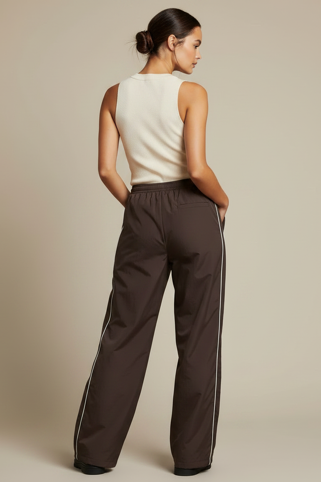 Pantalon Parachute Marron Ample Streetwear Sportif Cordon - Polyester - vue 2