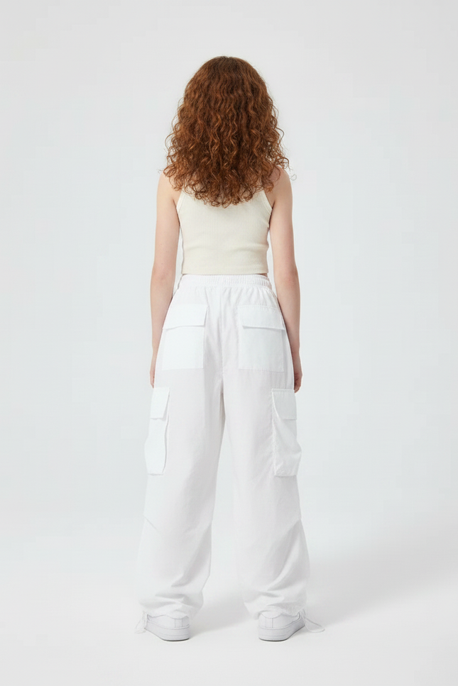 Pantalon Parachute Blanc Cargo Ample Poches Fille - Polyester - vue 2