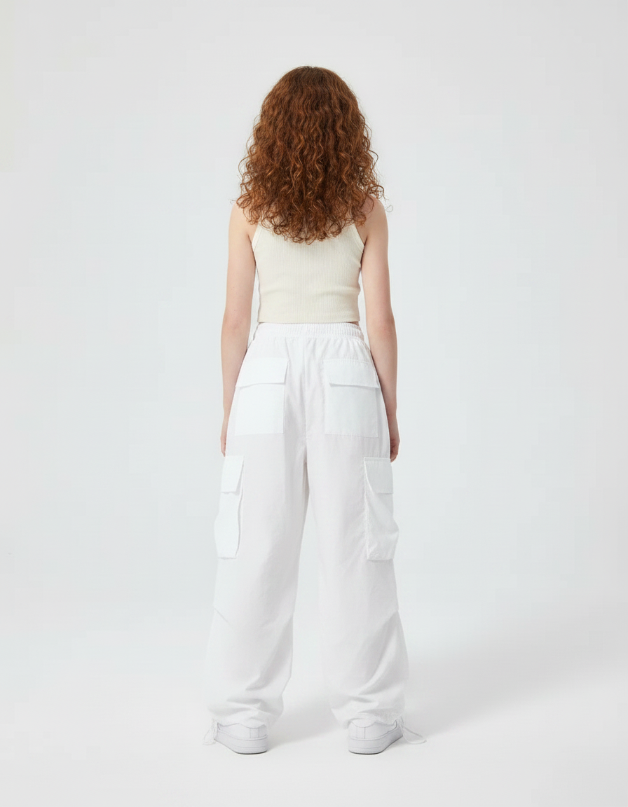Pantalon Parachute Blanc Cargo Ample Poches Fille - Polyester - vue 2