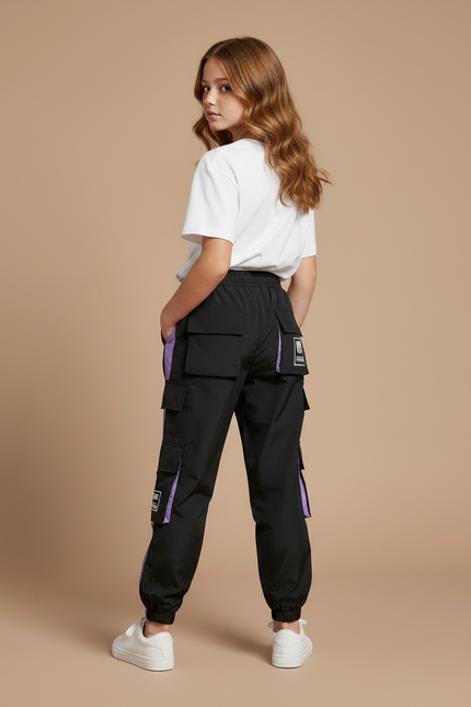Pantalon Parachute Noir Violet Cargo Ample Sportif - Polyester - vue 2
