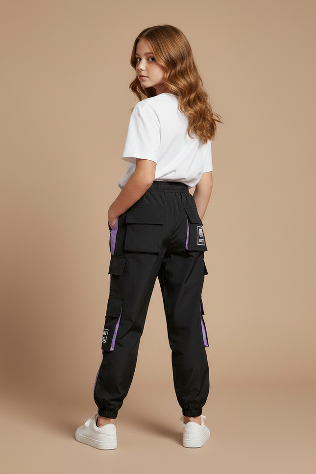 Pantalon Parachute Noir Violet Cargo Ample Sportif - Polyester - vue 2