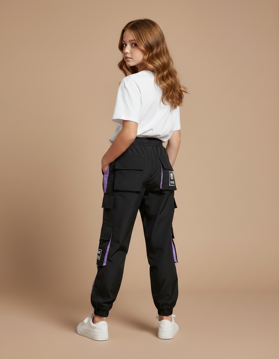 Pantalon Parachute Noir Violet Cargo Ample Sportif - Polyester - vue 2