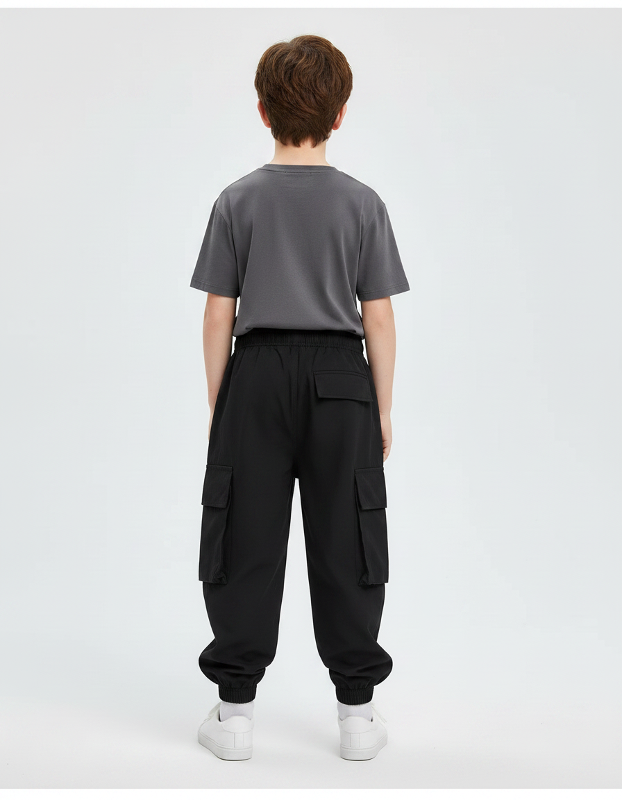 Pantalon Parachute Noir Cargo Ample Streetwear Enfant - Polyester - vue 2
