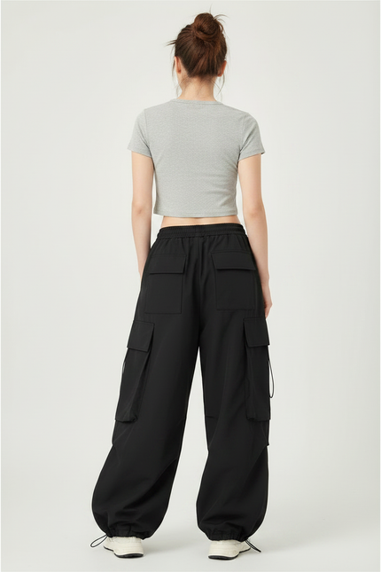 Pantalon Parachute Noir Ample Cargo Coton Femme - Polyester - vue 2