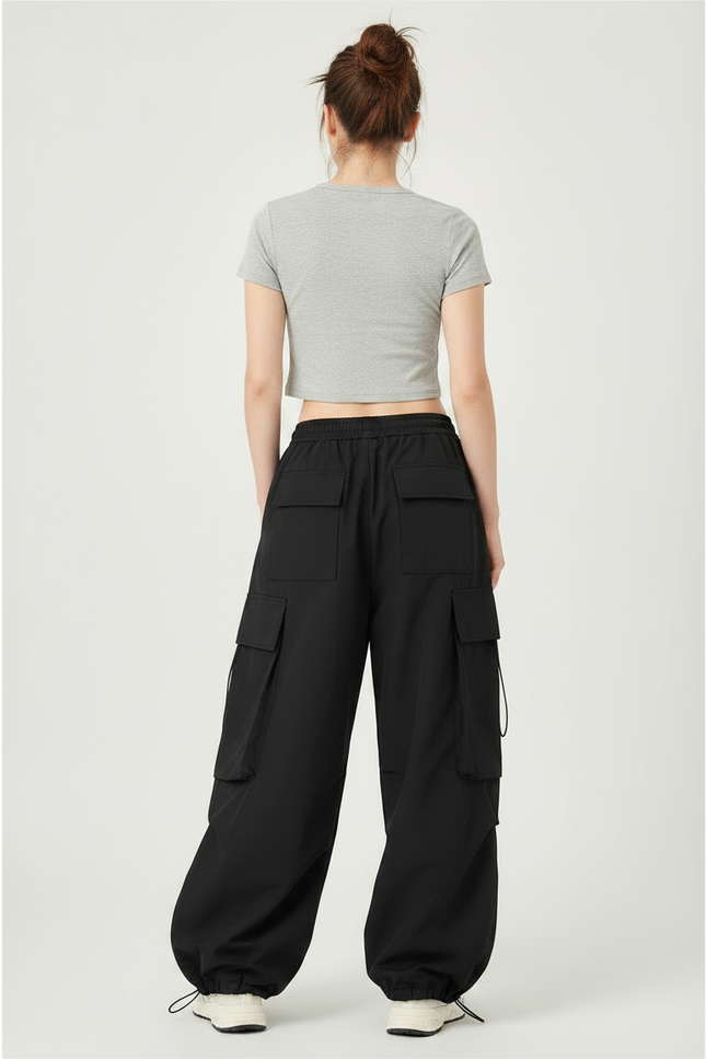 Pantalon Parachute Noir Ample Cargo Coton Femme - Polyester - vue 2