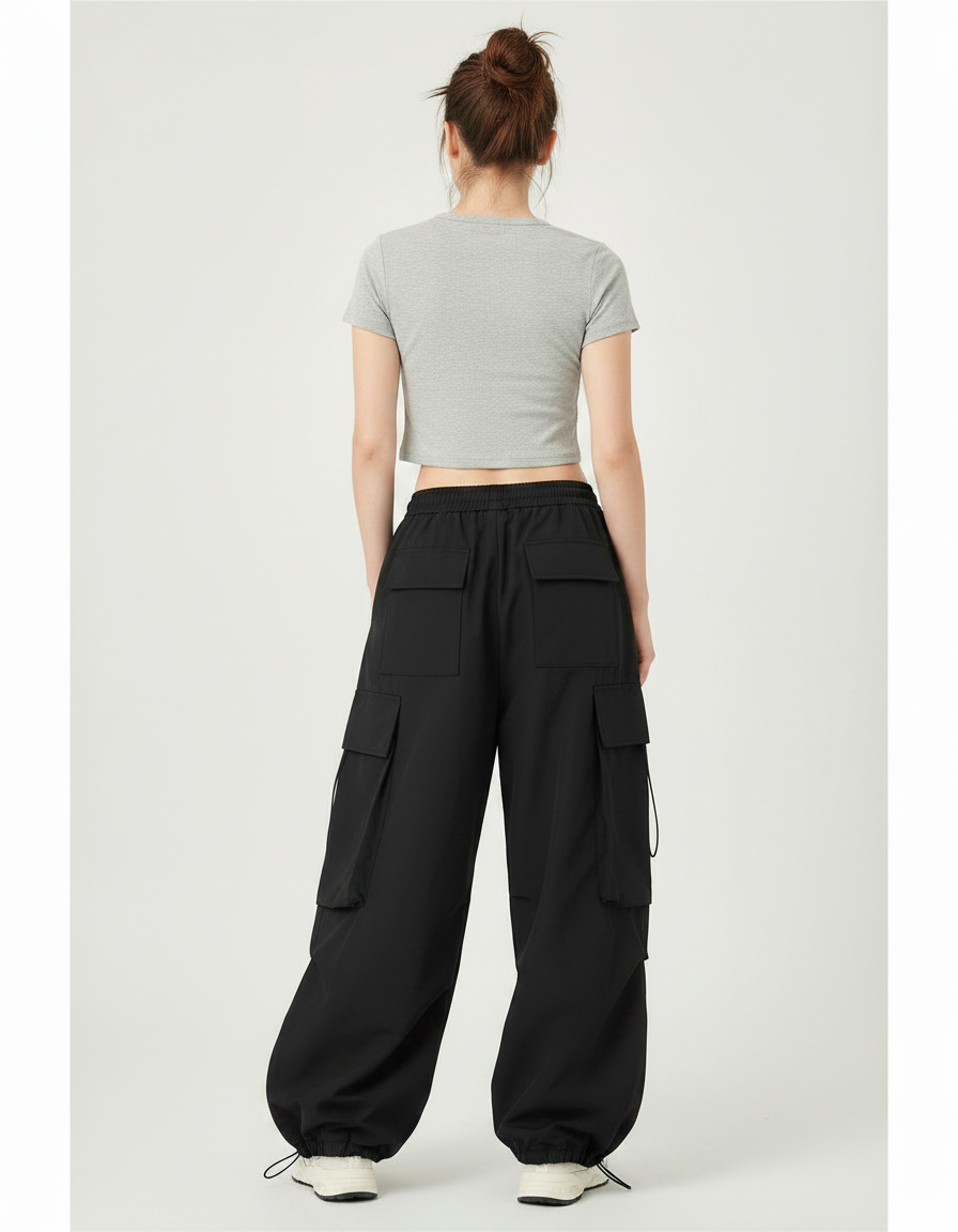 Pantalon Parachute Noir Ample Cargo Coton Femme - Polyester - vue 2