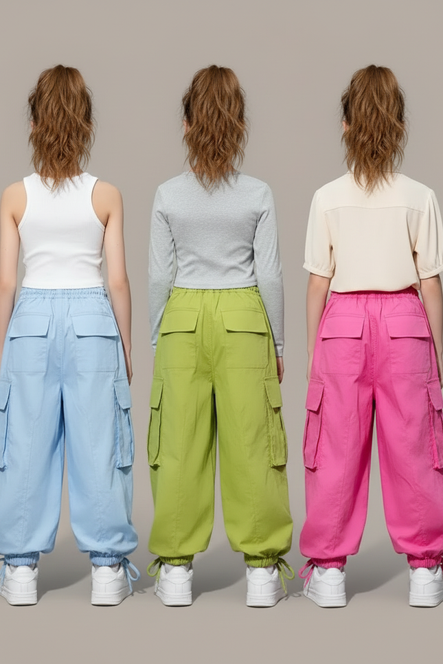 Pantalon Parachute Ample Cargo Fille Décontracté - Vert Polyester - vue 2