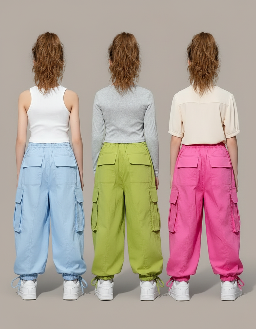 Pantalon Parachute Ample Cargo Fille Décontracté - Vert Polyester - vue 2