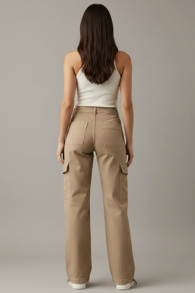Pantalon Parachute Beige Ample Cargo Décontracté Femme - Toile - vue 2