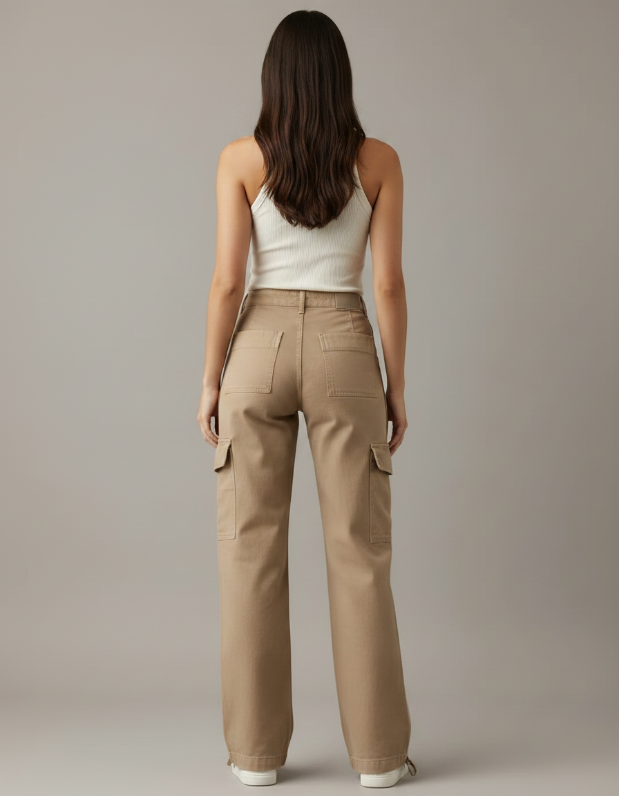 Pantalon Parachute Beige Ample Cargo Décontracté Femme - Toile - vue 2