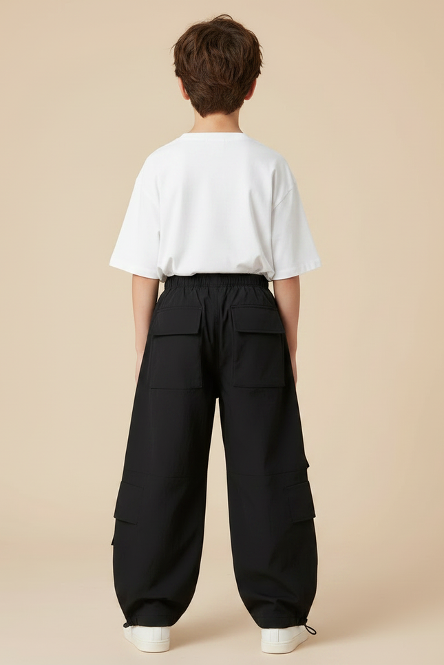 Pantalon Parachute Noir Cargo Ample Garçon Streetwear - Polyester - vue 2