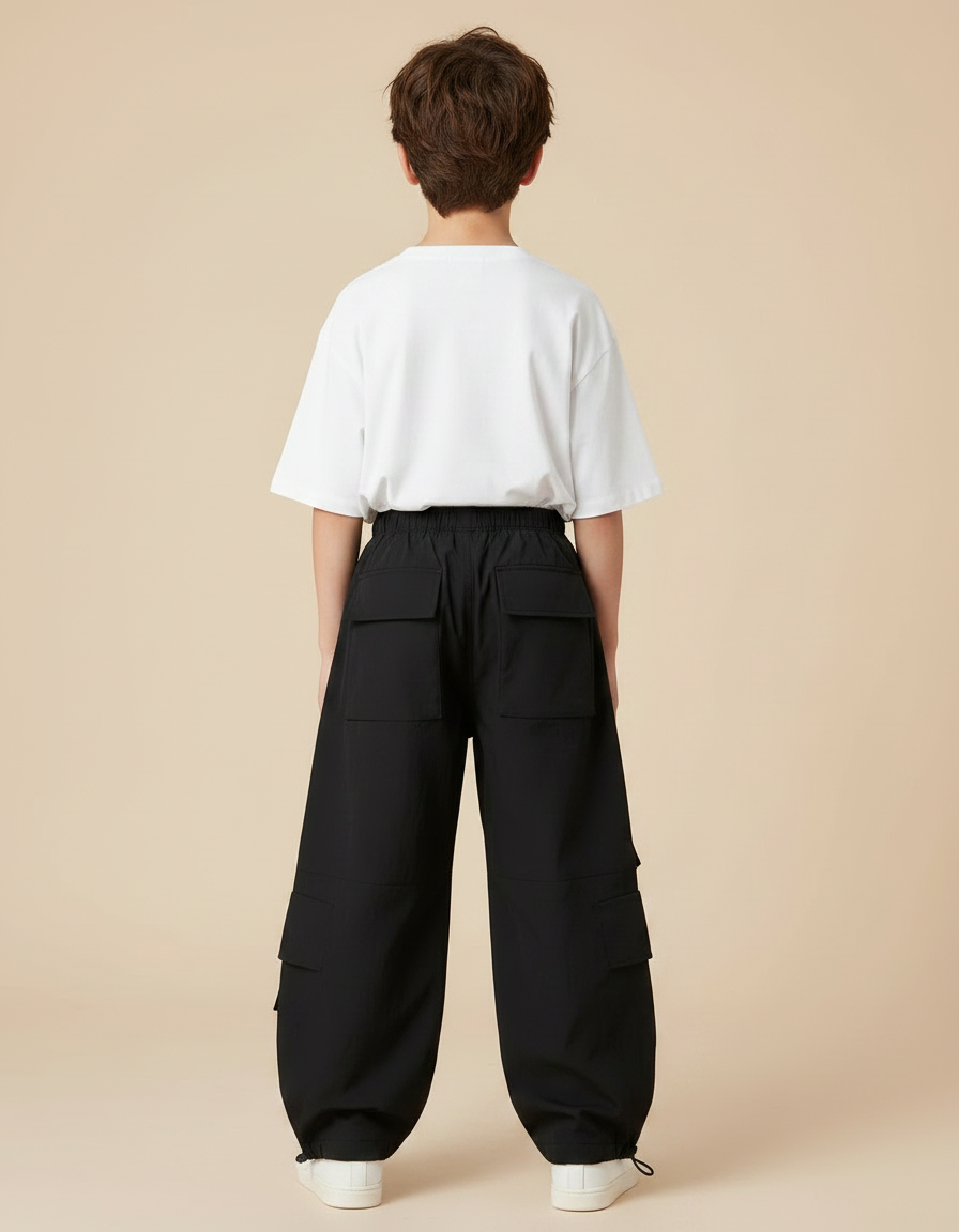 Pantalon Parachute Noir Cargo Ample Garçon Streetwear - Polyester - vue 2