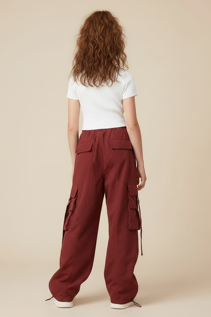 Pantalon Parachute Bordeaux Ample Cargo Fille - Gabardine - vue 2