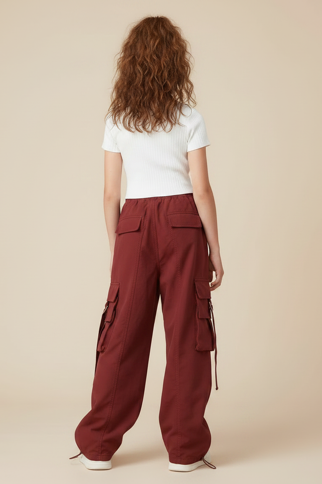 Pantalon Parachute Bordeaux Ample Cargo Fille - Gabardine - vue 2