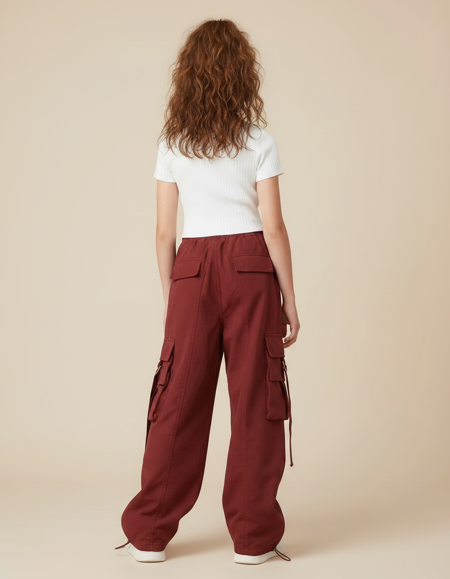 Pantalon Parachute Bordeaux Ample Cargo Fille - Gabardine - vue 2