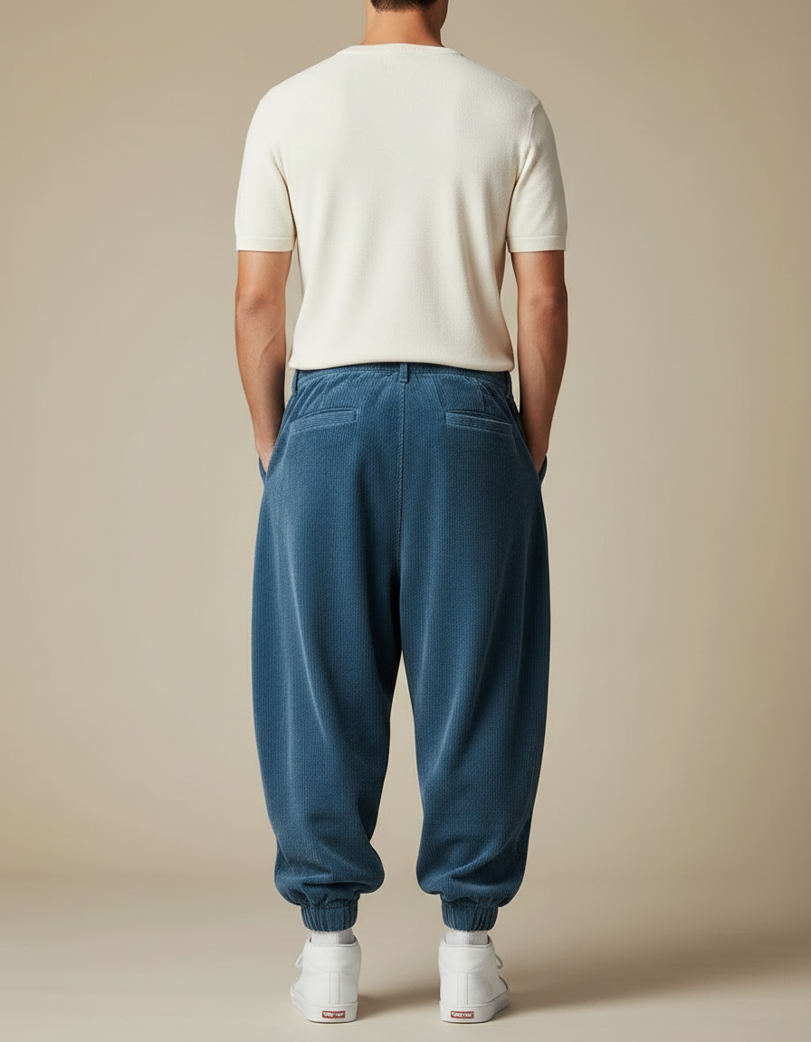Pantalon Parachute Bleu Côtelé Ample Décontracté Homme - Cordé - vue 2