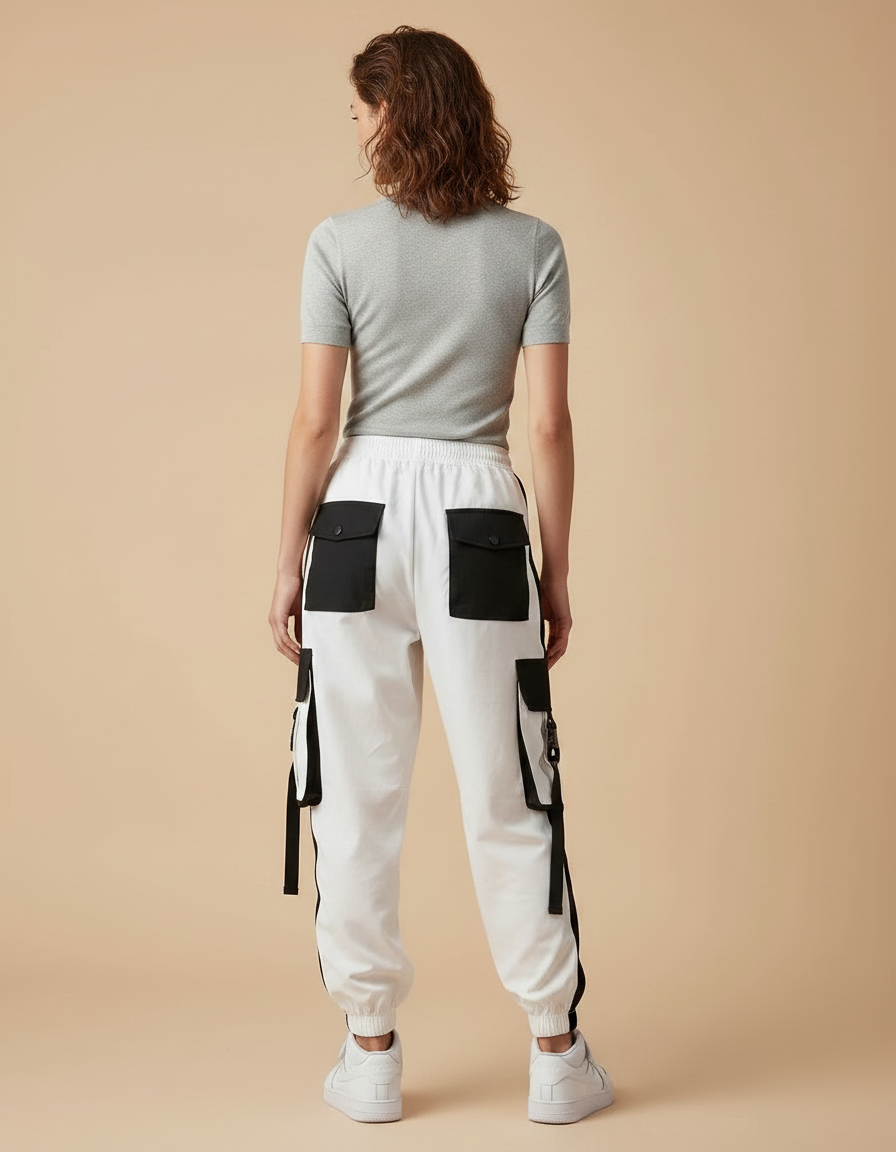 Pantalon Parachute Blanc Cargo Bicolore Techwear - Polyester - vue 2