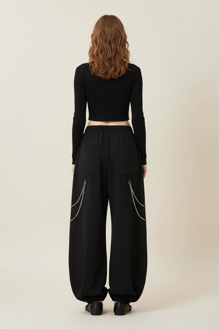 Pantalon Parachute Noir Ample Chaînes Découpes - Polyester - vue 2