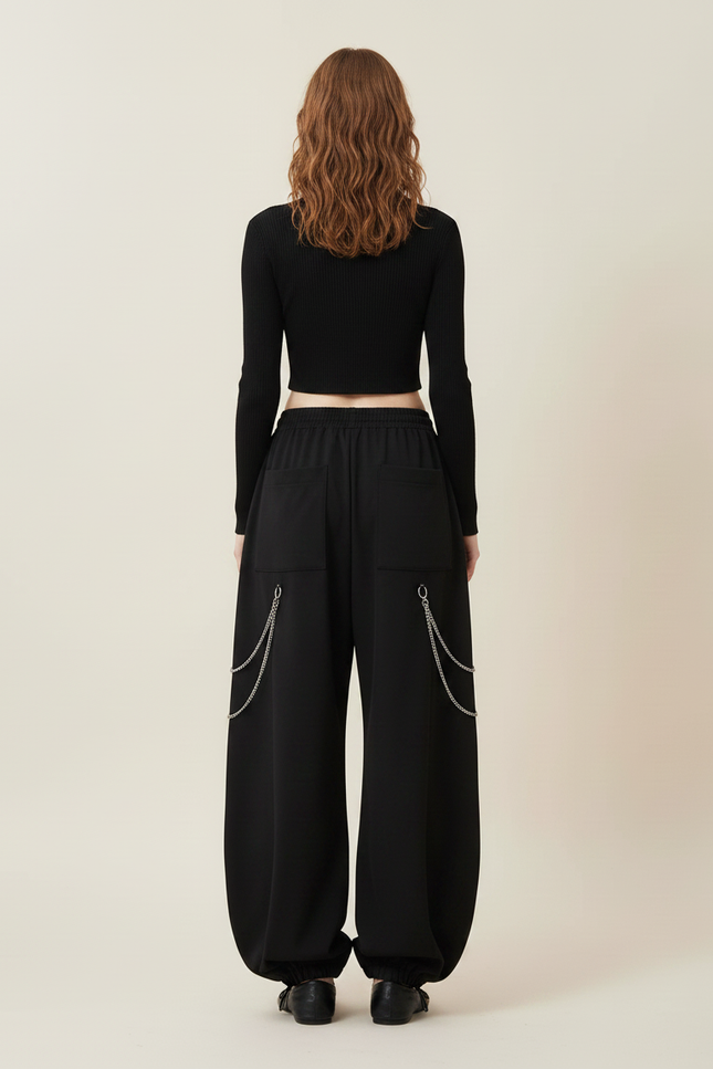 Pantalon Parachute Noir Ample Chaînes Découpes - Polyester - vue 2