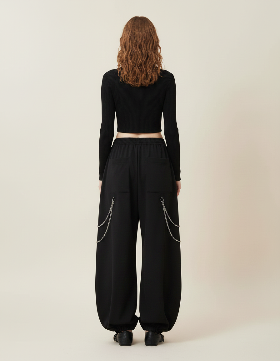 Pantalon Parachute Noir Ample Chaînes Découpes - Polyester - vue 2