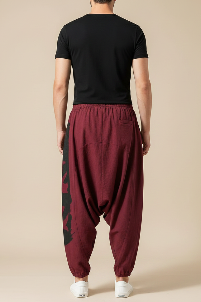 Pantalon Parachute Bordeaux Ample Coton Lin Imprimé Streetwear - vue 2