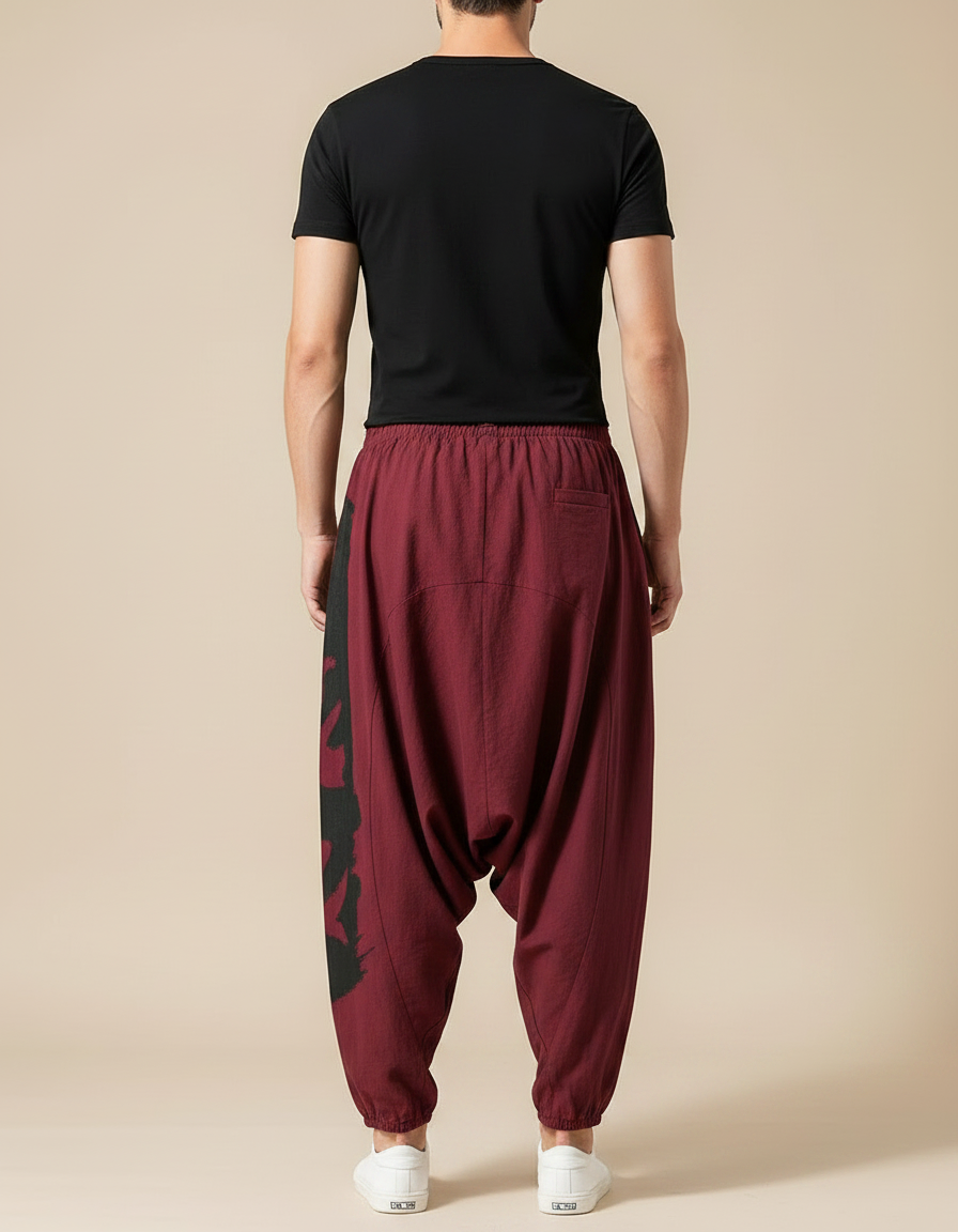 Pantalon Parachute Bordeaux Ample Coton Lin Imprimé Streetwear - vue 2