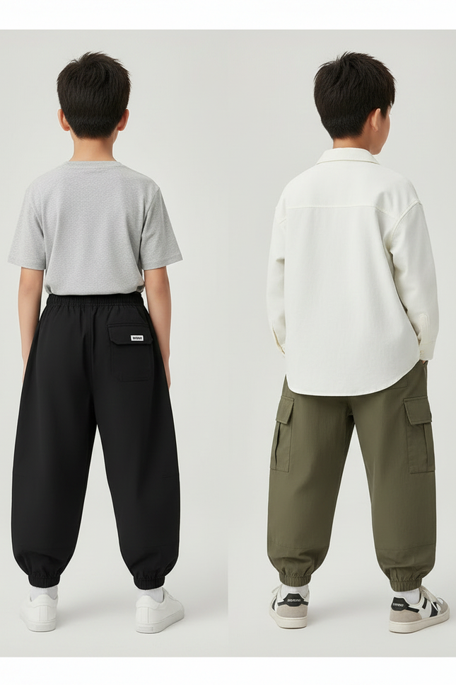 Pantalon Parachute Cargo Ample Garçon Décontracté - Kaki Polyester - vue 2