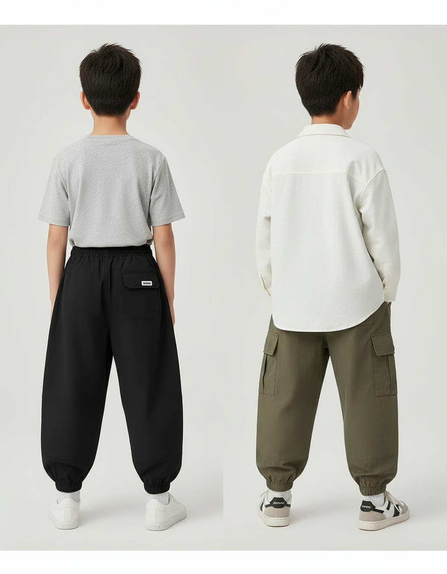 Pantalon Parachute Cargo Ample Garçon Décontracté - Kaki Polyester - vue 2
