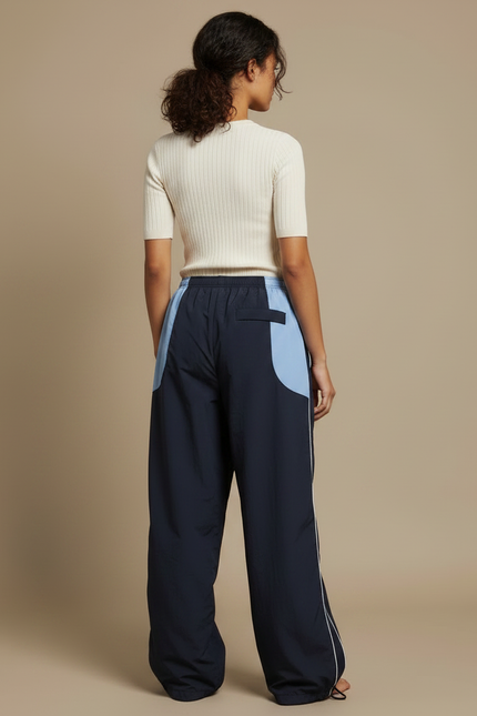 Pantalon Parachute Large Bicolore Marine Bleu Décontracté - Polyester - vue 2
