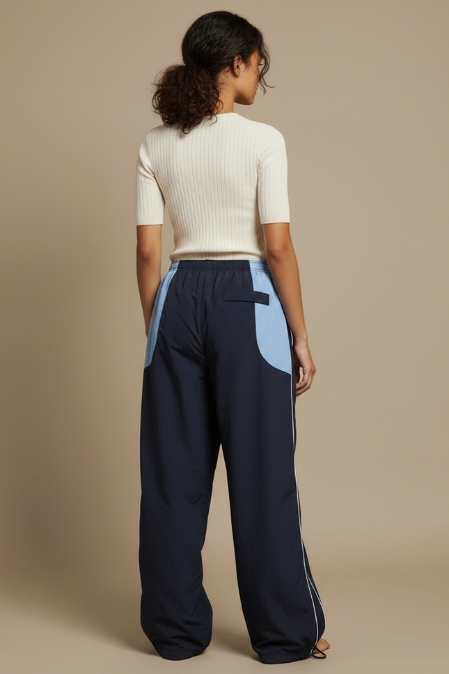Pantalon Parachute Large Bicolore Marine Bleu Décontracté - Polyester - vue 2