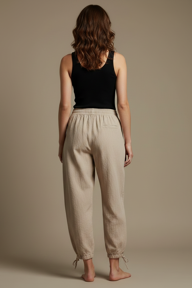 Pantalon Parachute Femme Beige Resserré Aux Chevilles Toile - Lin - vue 2