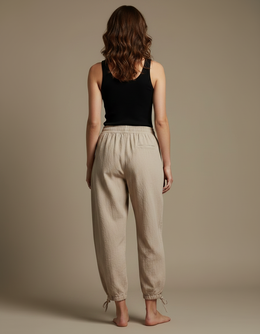 Pantalon Parachute Femme Beige Resserré Aux Chevilles Toile - Lin - vue 2