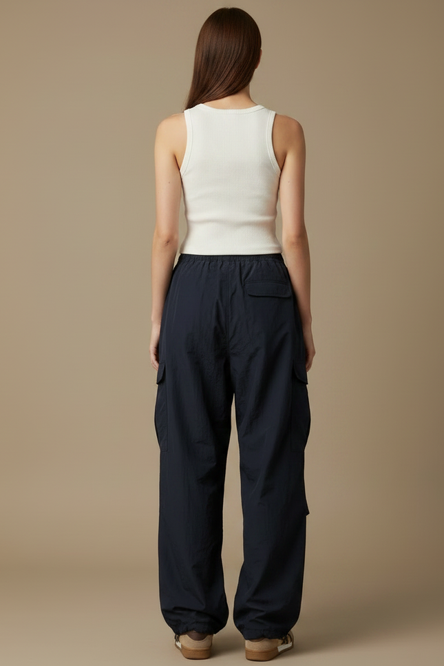 Pantalon Parachute Bleu Marine Ample Fluide Décontracté - Polyester - vue 2