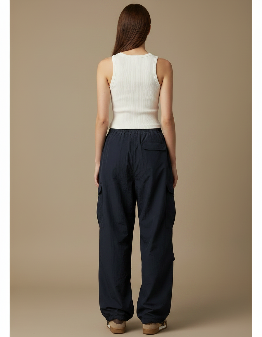 Pantalon Parachute Bleu Marine Ample Fluide Décontracté - Polyester - vue 2