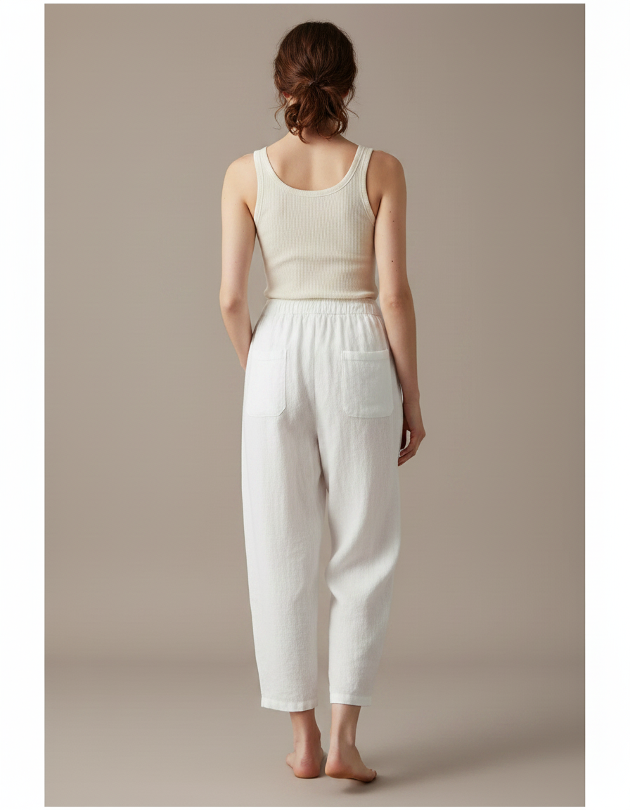 Pantalon Parachute Blanc Lin Ample Décontracté Femme - vue 2