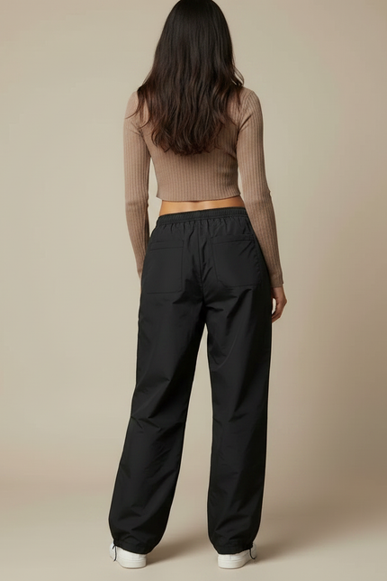Pantalon Parachute Noir Ample Fluide Cordon Sportif - Polyester - vue 2