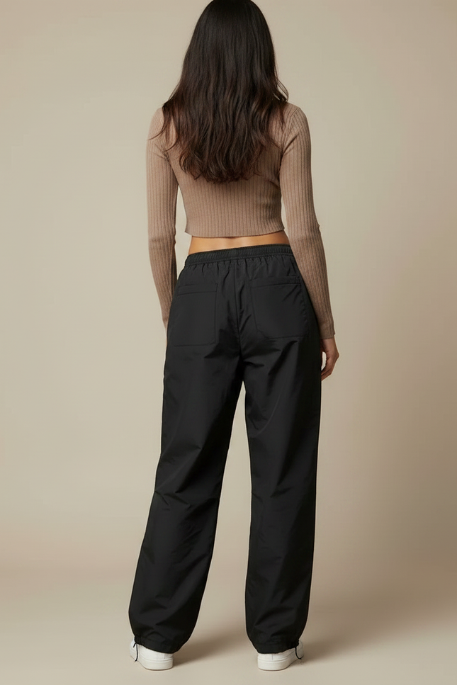 Pantalon Parachute Noir Ample Fluide Cordon Sportif - Polyester - vue 2