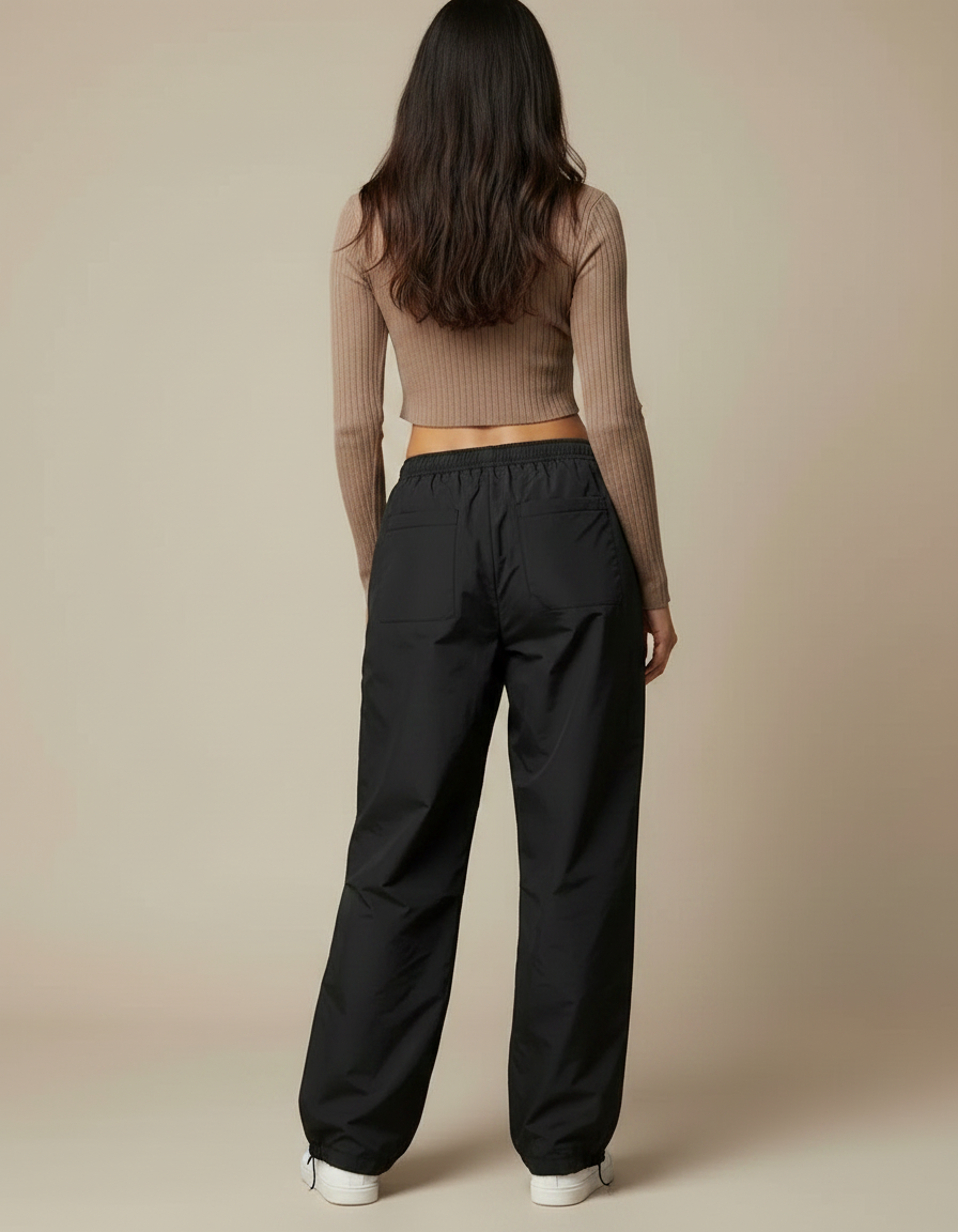 Pantalon Parachute Noir Ample Fluide Cordon Sportif - Polyester - vue 2