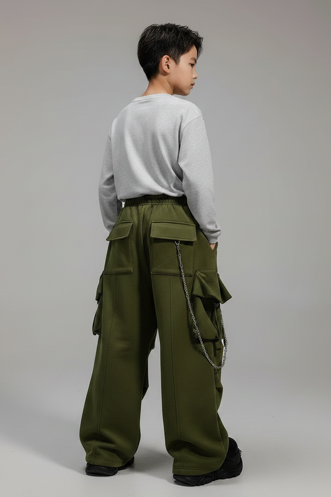 Pantalon Parachute Vert Ample Cargo Enfant Décontracté Hip Hop - Molleton - vue 2