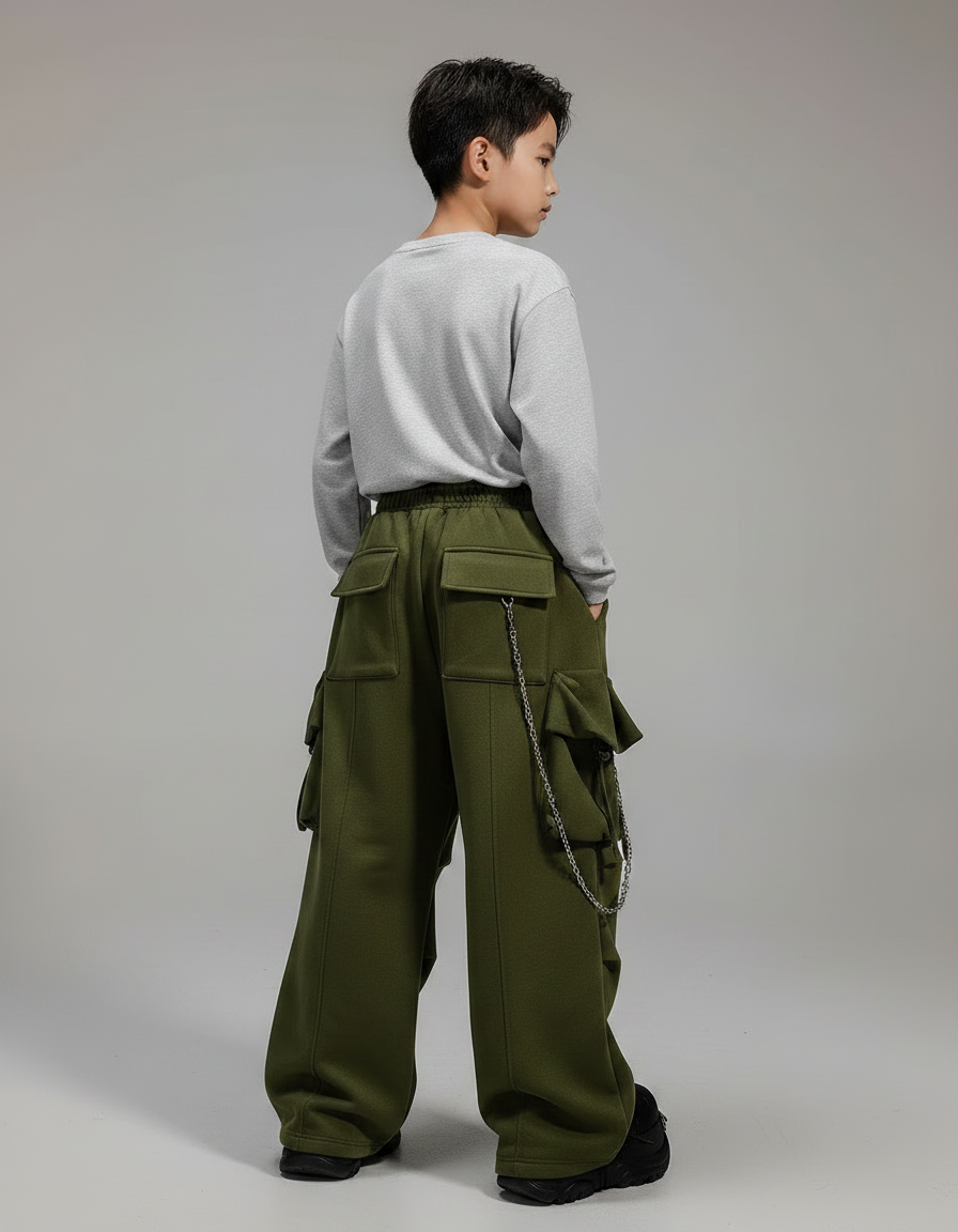 Pantalon Parachute Vert Ample Cargo Enfant Décontracté Hip Hop - Molleton - vue 2