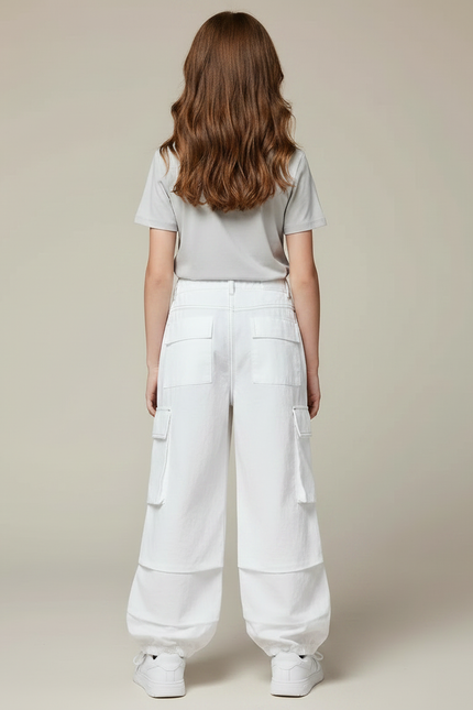 Pantalon Parachute Blanc Cargo Ample Coton Fille - vue 2